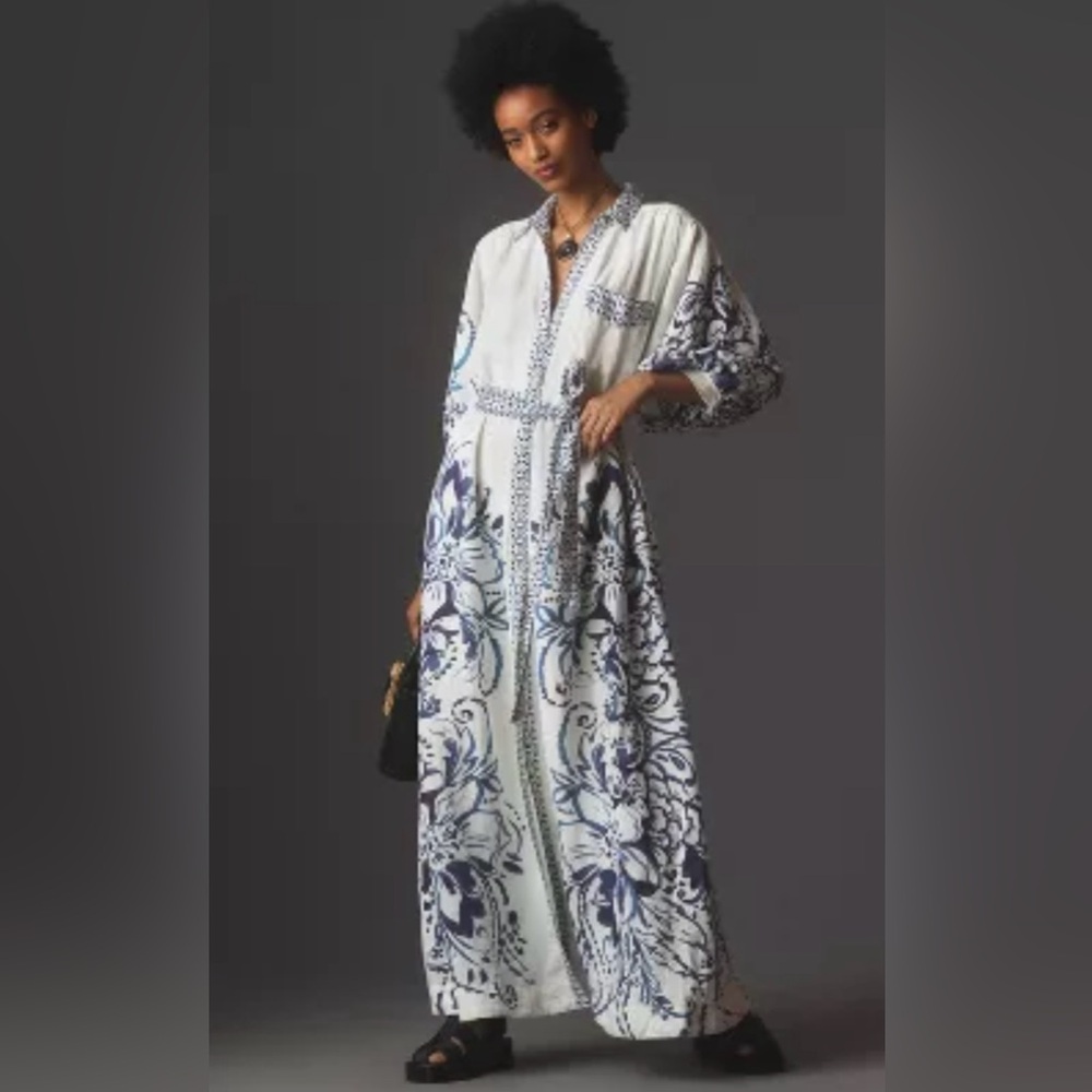 Anthropologie White Maxi Dress with Blue Floral Print